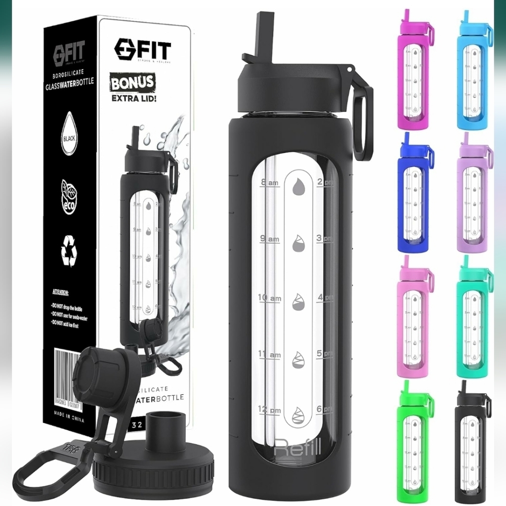 Glass Water Bottle with Straw Lid 32 oz